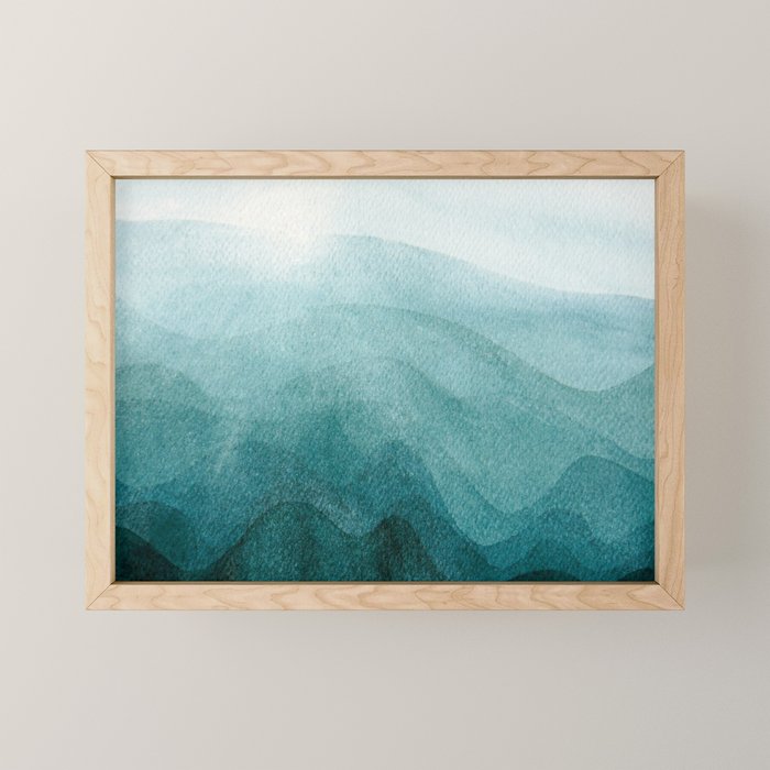 Sunrise in the mountains, dawn, teal, abstract watercolor Mini Art Print Gallery Image 1
