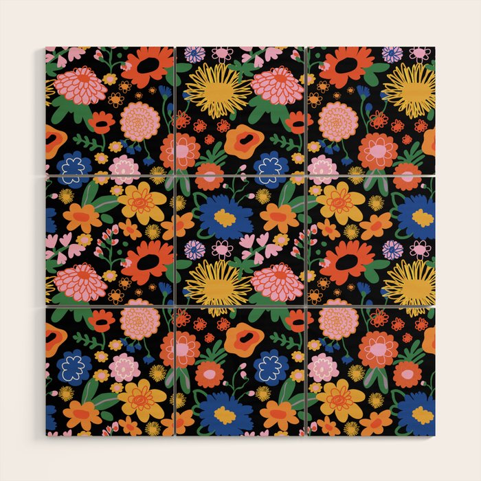 Night flowers pattern Wood Wall Art Gallery Image 1
