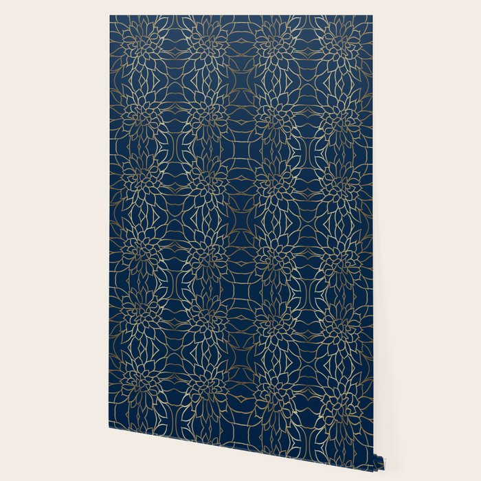 Floral Prints, Line Art, Navy Blue and Gold Wallpaper Gallery Image 2