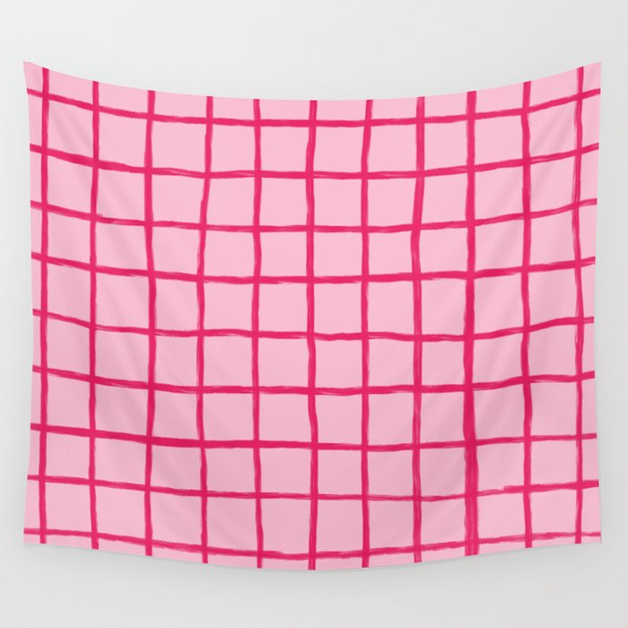 Hot Pink on Blush Checkered Grid Wall Tapestry Gallery Image 1