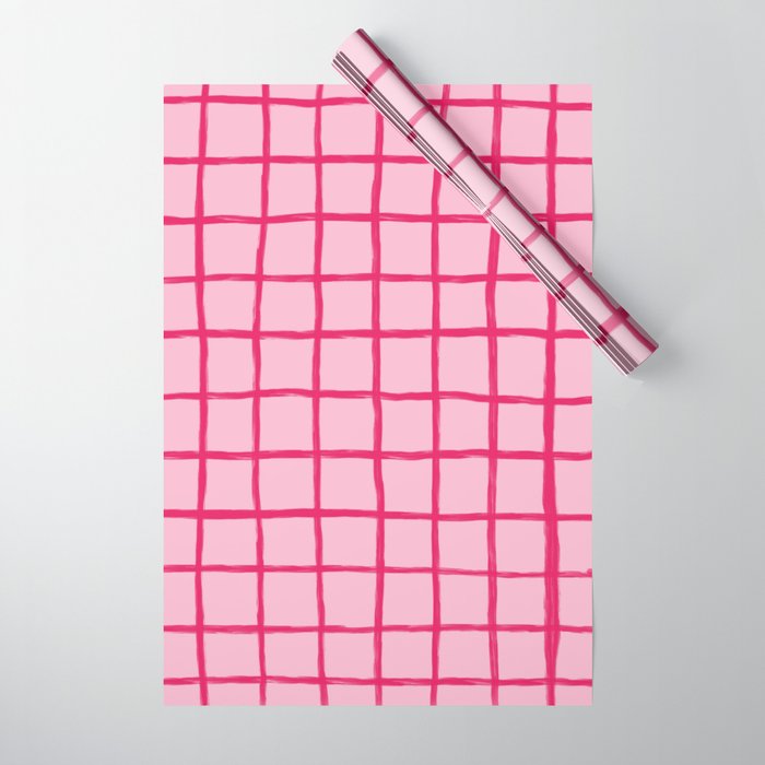 Hot Pink on Blush Checkered Grid Wrapping Paper Gallery Image 1