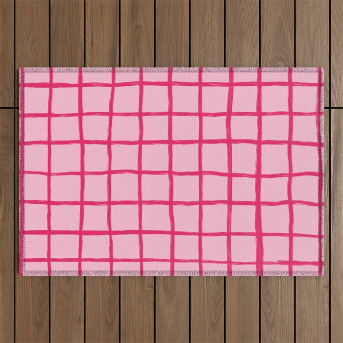 Hot Pink on Blush Checkered Grid Outdoor Rug Gallery Image 1