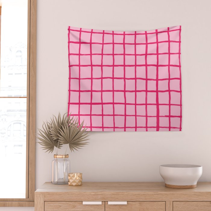 Hot Pink on Blush Checkered Grid Wall Tapestry Gallery Image 2