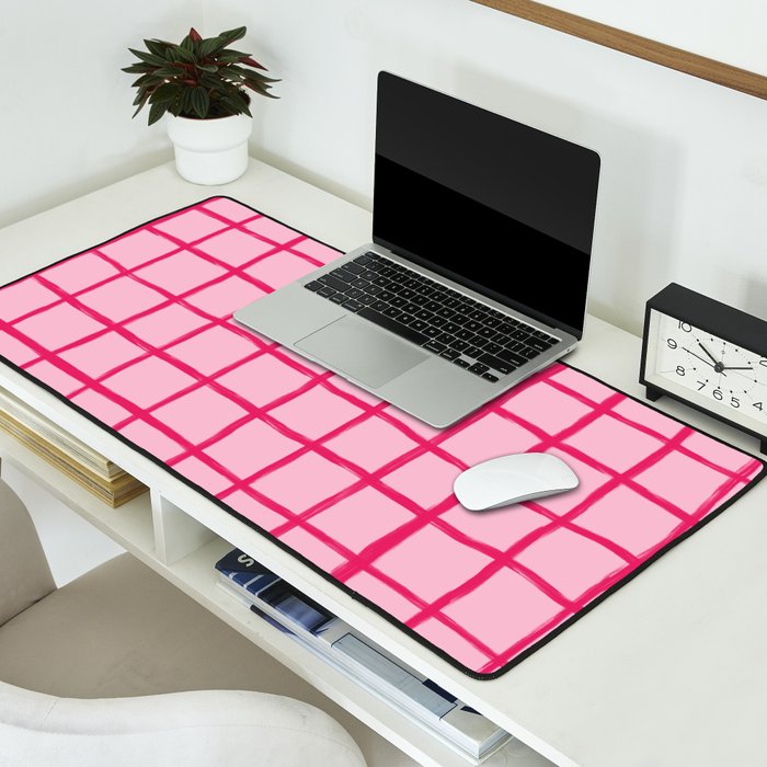 Hot Pink on Blush Checkered Grid Desk Mat Gallery Image 2