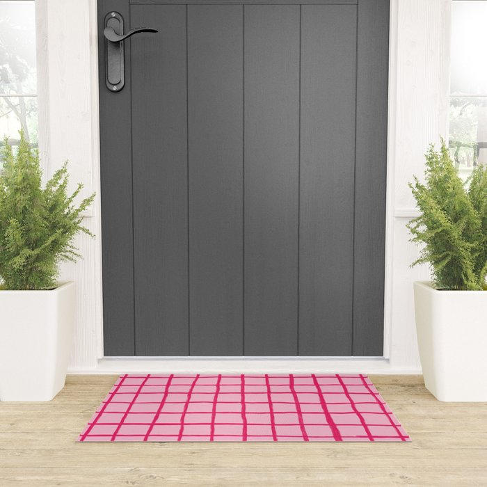 Hot Pink on Blush Checkered Grid Welcome Mat Gallery Image 3