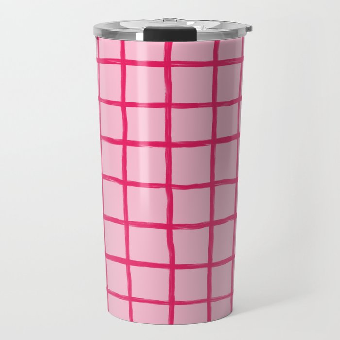 Hot Pink on Blush Checkered Grid Travel Mug Gallery Image 1
