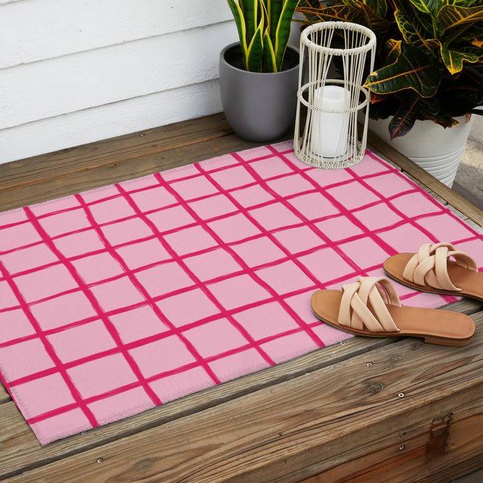Hot Pink on Blush Checkered Grid Outdoor Rug Gallery Image 2