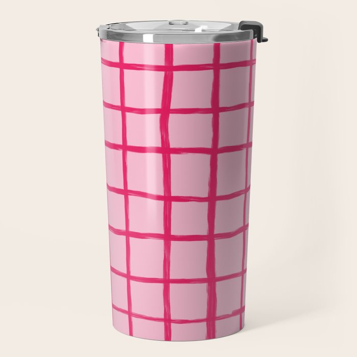 Hot Pink on Blush Checkered Grid Travel Mug Gallery Image 2