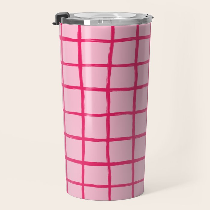 Hot Pink on Blush Checkered Grid Travel Mug Gallery Image 3