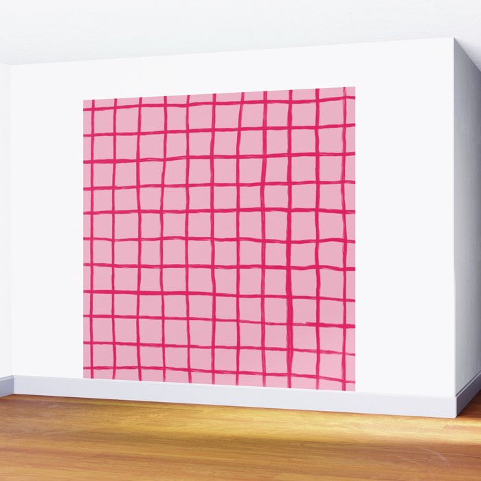 Hot Pink on Blush Checkered Grid Wall Mural Gallery Image 2