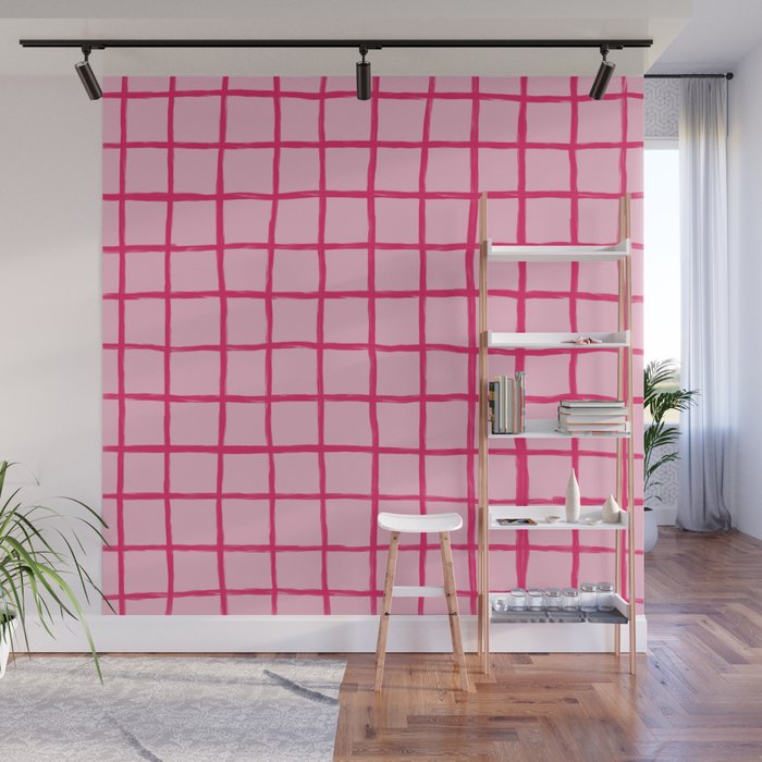 Hot Pink on Blush Checkered Grid Wall Mural Gallery Image 1
