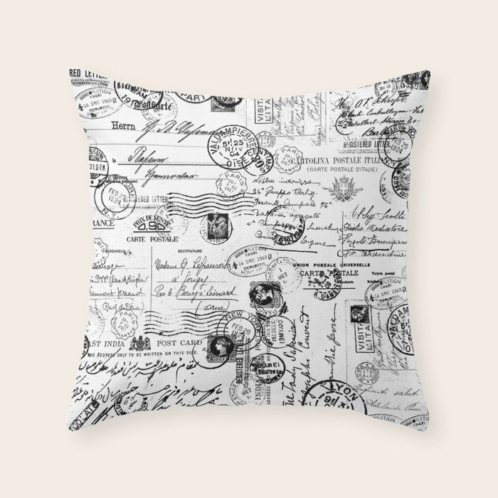 Nostalgic Message Charming Vintage Letters And Postcards Black White Pattern Throw Pillow Gallery Image 1