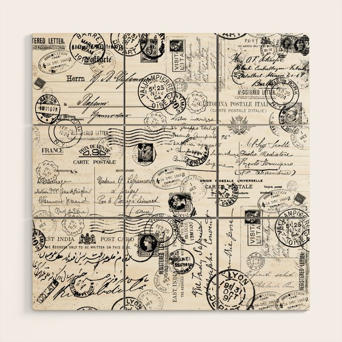 Nostalgic Message Charming Vintage Letters And Postcards Black White Pattern Wood Wall Art Gallery Image 1