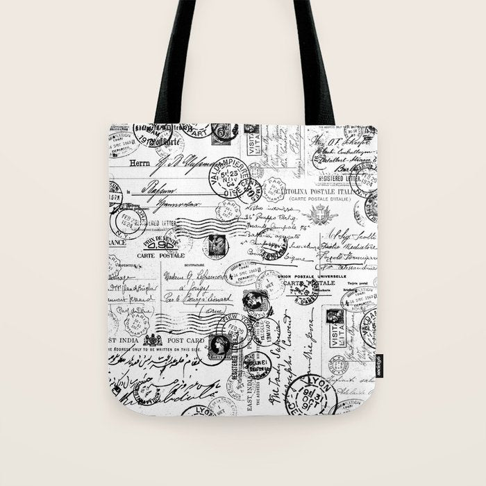 Nostalgic Message Charming Vintage Letters And Postcards Black White Pattern Tote Bag Gallery Image 1