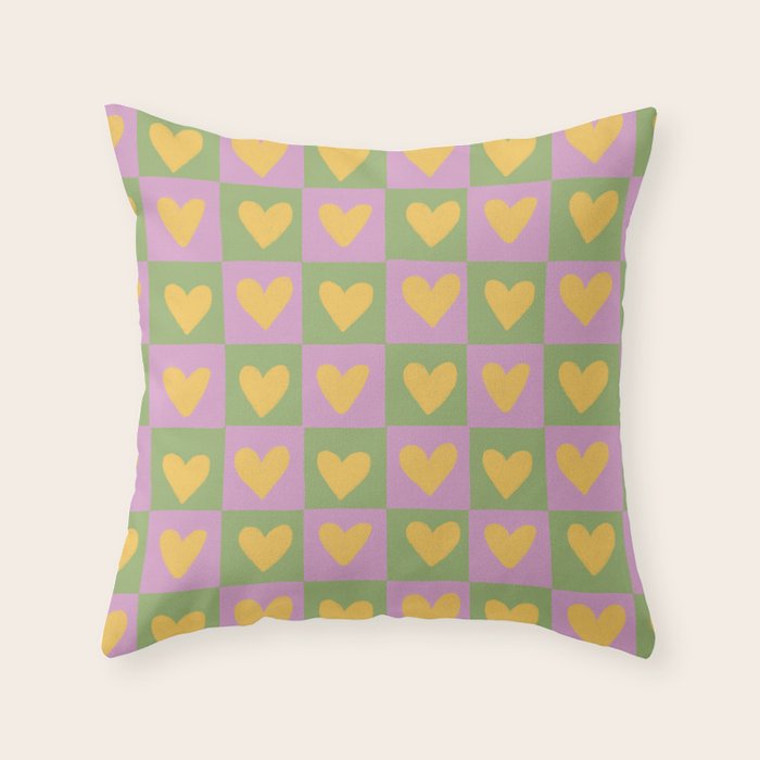 Checker yellow hearts Throw Pillow Gallery Image 1