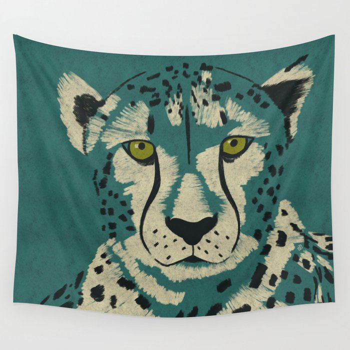 Majestic Cheetah - Bold Wildcat Design with Teal Background Wall Tapestry Gallery Image 4
