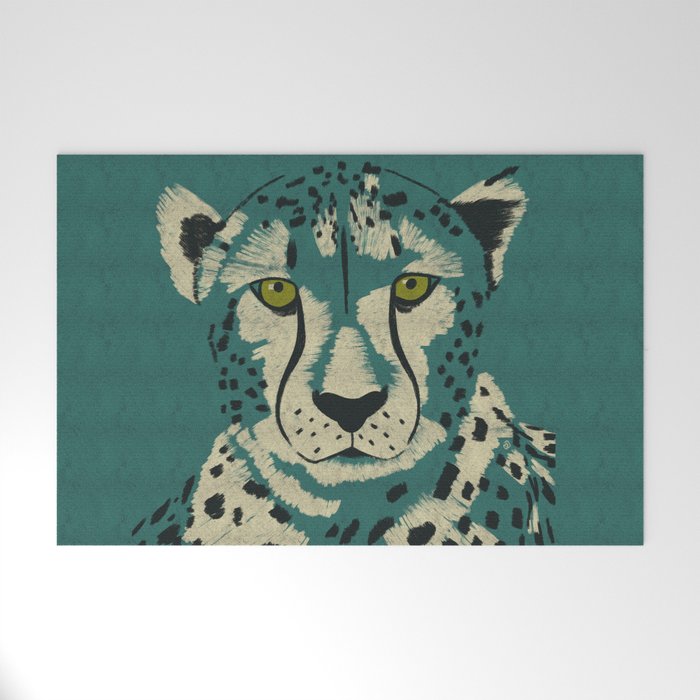 Majestic Cheetah - Bold Wildcat Design with Teal Background Welcome Mat Gallery Image 1