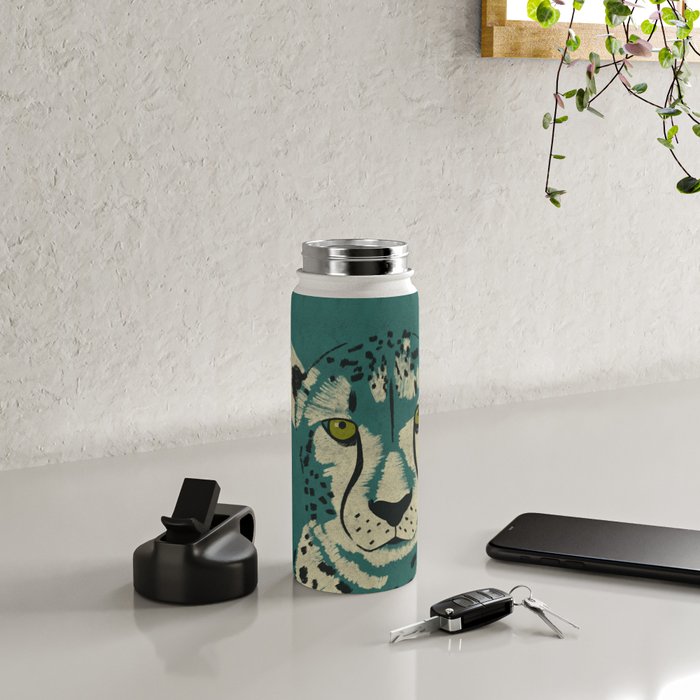 Majestic Cheetah - Bold Wildcat Design with Teal Background Water Bottle Gallery Image 4