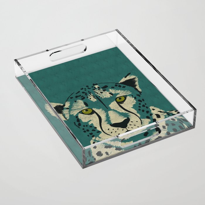 Majestic Cheetah - Bold Wildcat Design with Teal Background Acrylic Tray Gallery Image 1