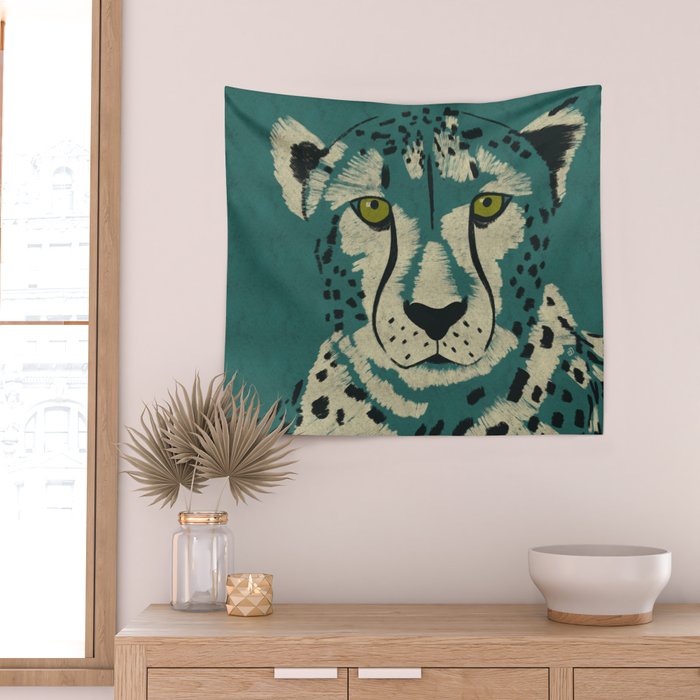 Majestic Cheetah - Bold Wildcat Design with Teal Background Wall Tapestry Gallery Image 2