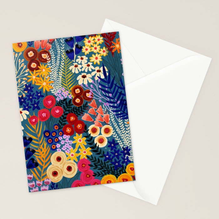 Flower Meadow Pink Yellow Orange Teal Blue Pattern Stationery Card Gallery Image 2