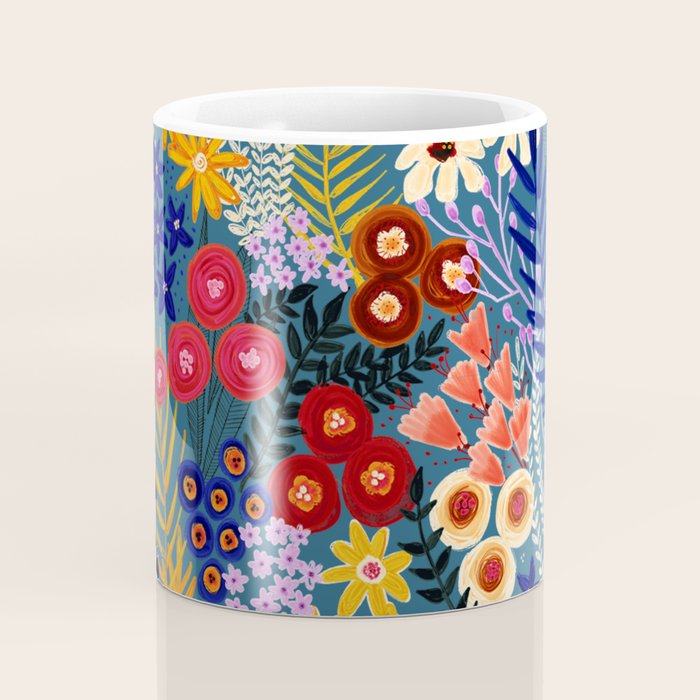 Flower Meadow Pink Yellow Orange Teal Blue Pattern Coffee Mug Gallery Image 4
