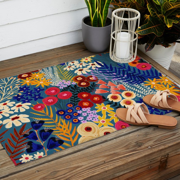 Flower Meadow Pink Yellow Orange Teal Blue Pattern Outdoor Rug Gallery Image 2