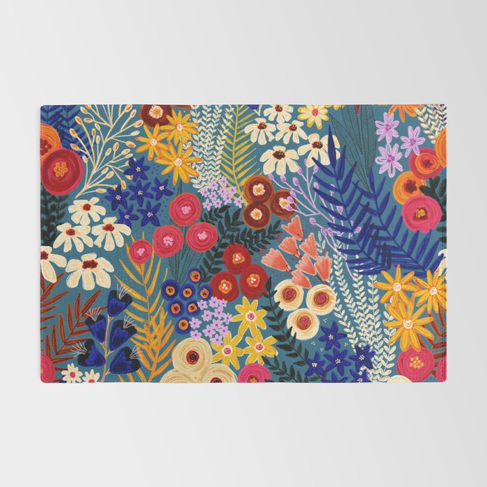 Flower Meadow Pink Yellow Orange Teal Blue Pattern Rug Gallery Image 2