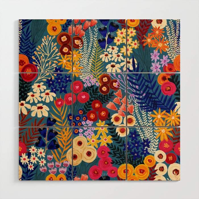 Flower Meadow Pink Yellow Orange Teal Blue Pattern Wood Wall Art Gallery Image 1