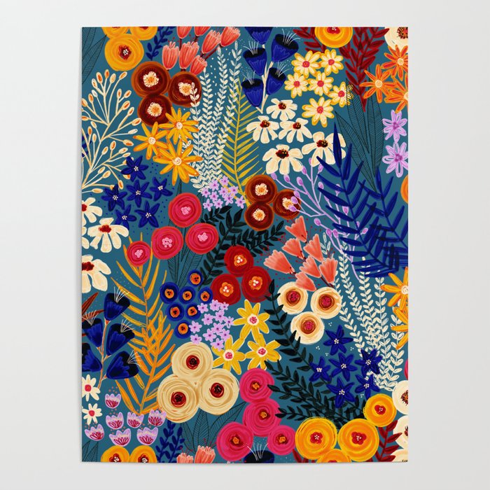 Flower Meadow Pink Yellow Orange Teal Blue Pattern Poster Gallery Image 1