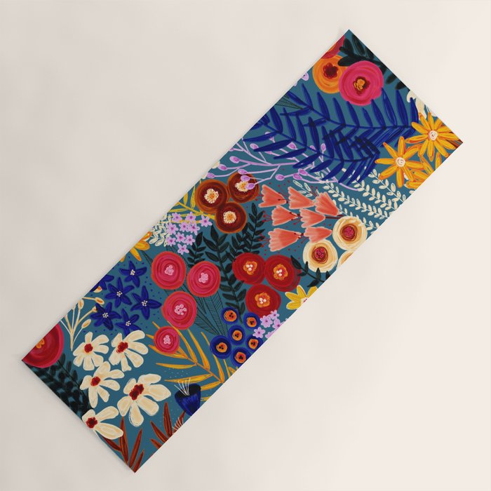 Flower Meadow Pink Yellow Orange Teal Blue Pattern Yoga Mat Gallery Image 1