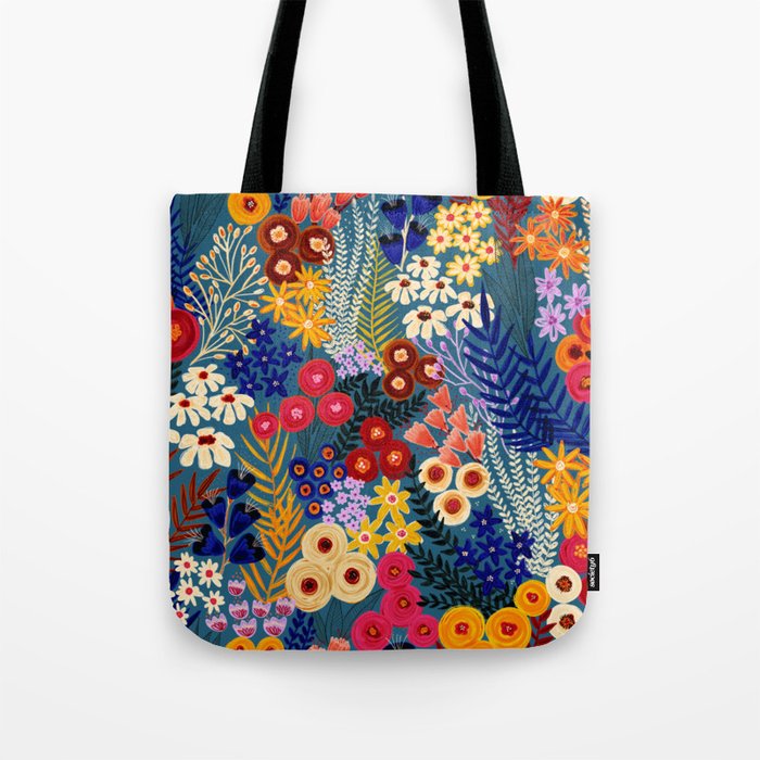 Flower Meadow Pink Yellow Orange Teal Blue Pattern Tote Bag Gallery Image 1