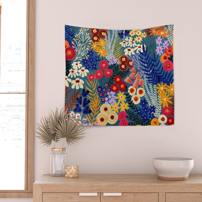 Flower Meadow Pink Yellow Orange Teal Blue Pattern Wall Tapestry Gallery Image 2