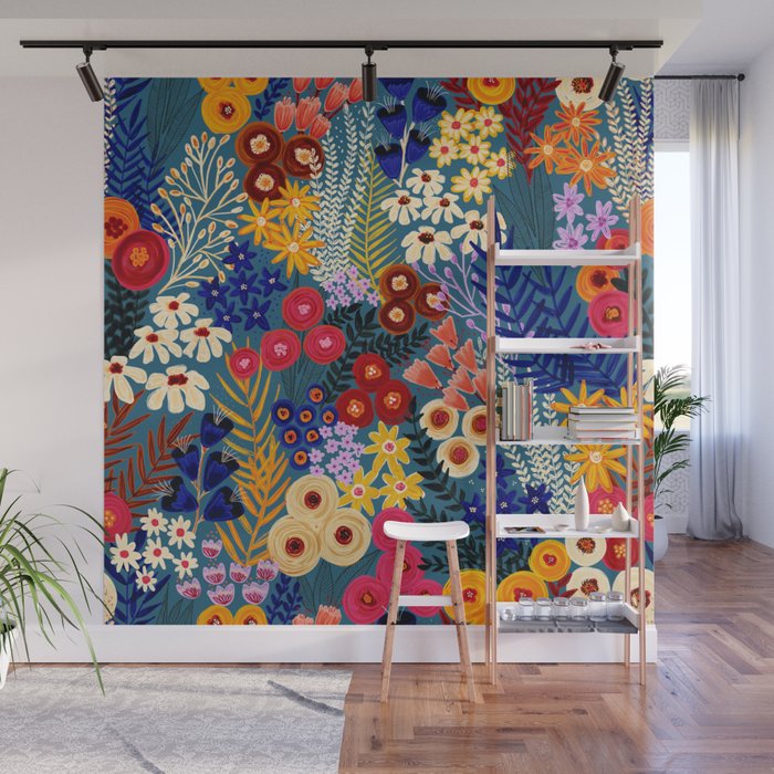 Flower Meadow Pink Yellow Orange Teal Blue Pattern Wall Mural Gallery Image 1