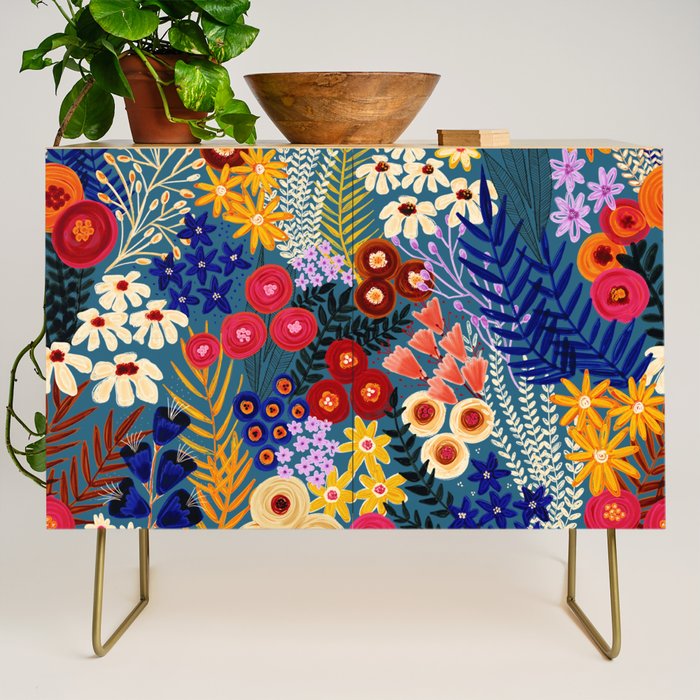 Flower Meadow Pink Yellow Orange Teal Blue Pattern Credenza Gallery Image 1