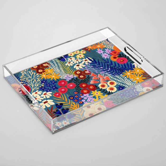 Flower Meadow Pink Yellow Orange Teal Blue Pattern Acrylic Tray Gallery Image 1