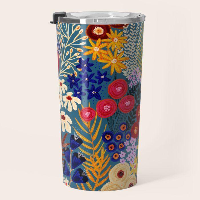 Flower Meadow Pink Yellow Orange Teal Blue Pattern Travel Mug Gallery Image 3