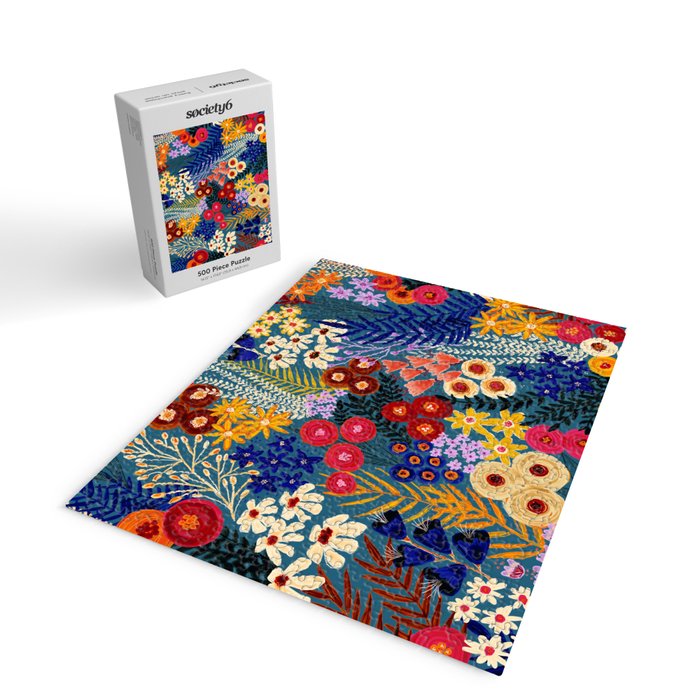 Flower Meadow Pink Yellow Orange Teal Blue Pattern Jigsaw Puzzle Gallery Image 2