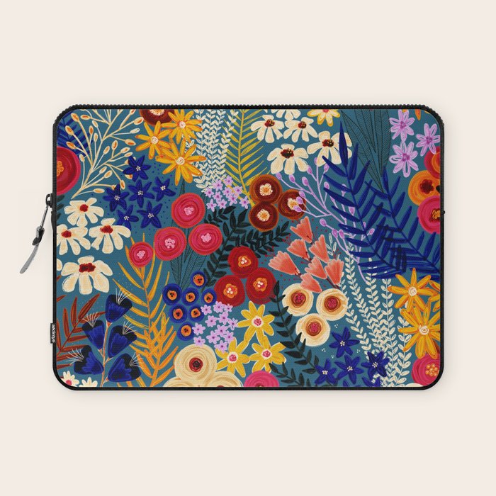 Flower Meadow Pink Yellow Orange Teal Blue Pattern Laptop Sleeve Gallery Image 1