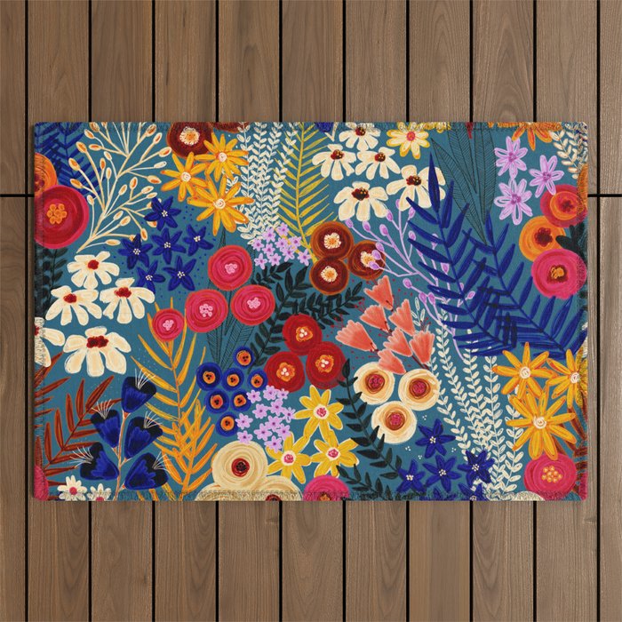 Flower Meadow Pink Yellow Orange Teal Blue Pattern Outdoor Rug Gallery Image 1