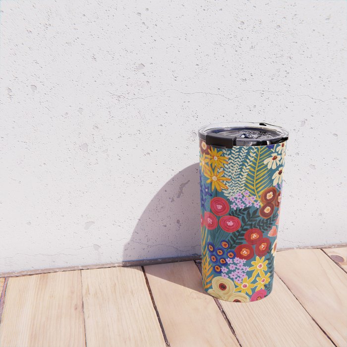 Flower Meadow Pink Yellow Orange Teal Blue Pattern Travel Mug Gallery Image 4