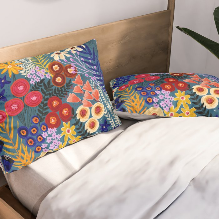 Flower Meadow Pink Yellow Orange Teal Blue Pattern Pillow Sham Gallery Image 2