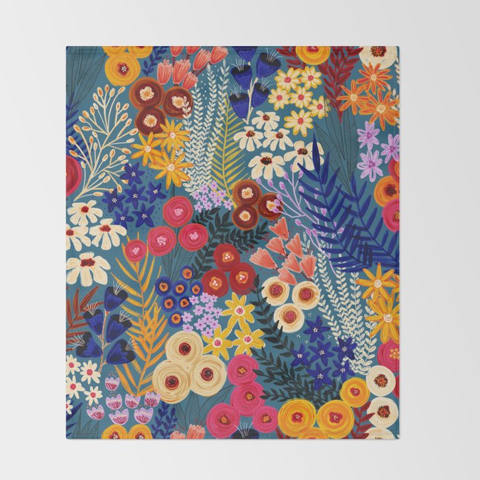Flower Meadow Pink Yellow Orange Teal Blue Pattern Throw Blanket Gallery Image 2