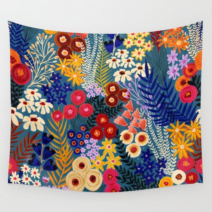 Flower Meadow Pink Yellow Orange Teal Blue Pattern Wall Tapestry Gallery Image 4