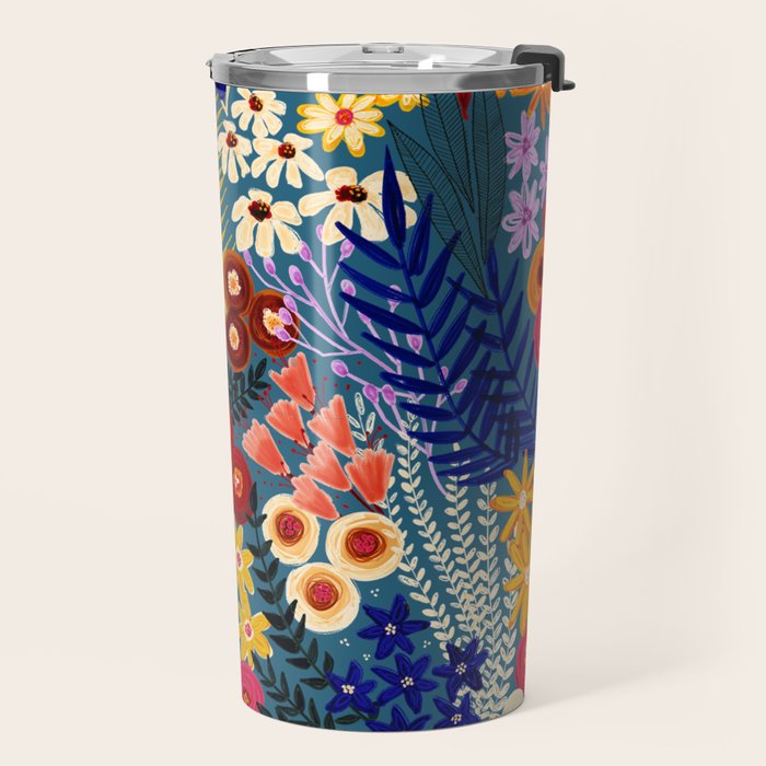 Flower Meadow Pink Yellow Orange Teal Blue Pattern Travel Mug Gallery Image 2