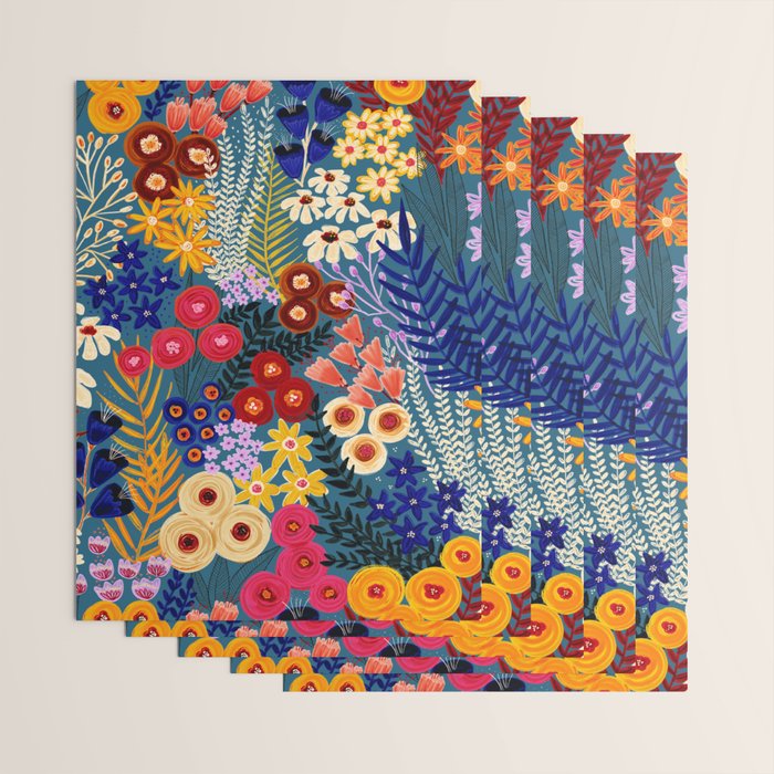 Flower Meadow Pink Yellow Orange Teal Blue Pattern Wrapping Paper Gallery Image 3