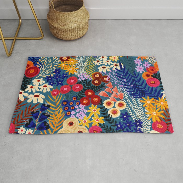Flower Meadow Pink Yellow Orange Teal Blue Pattern Rug Gallery Image 1