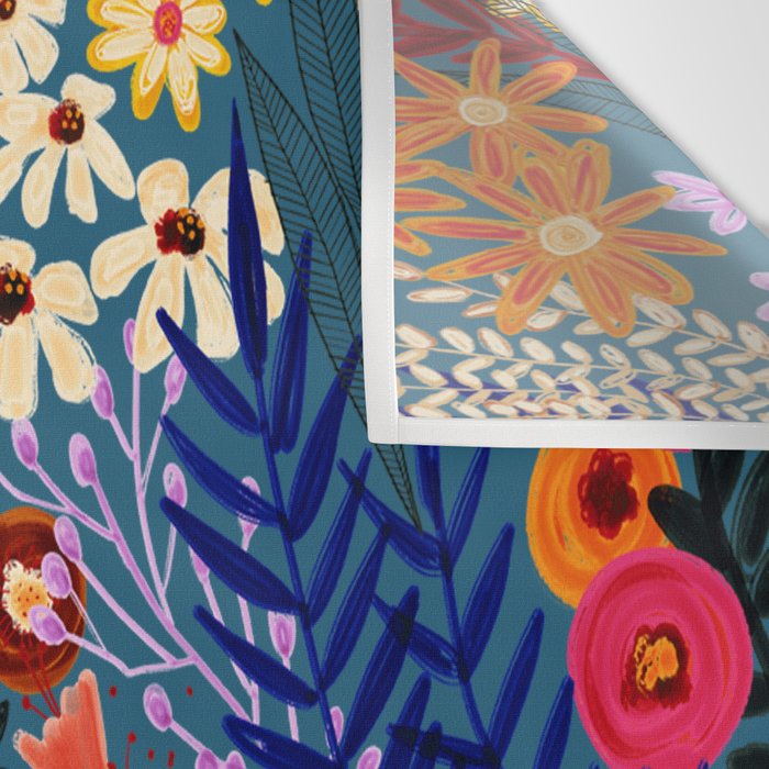 Flower Meadow Pink Yellow Orange Teal Blue Pattern Wall Tapestry Gallery Image 3