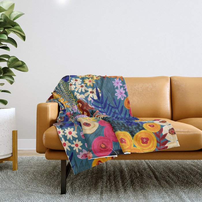 Flower Meadow Pink Yellow Orange Teal Blue Pattern Throw Blanket Gallery Image 1