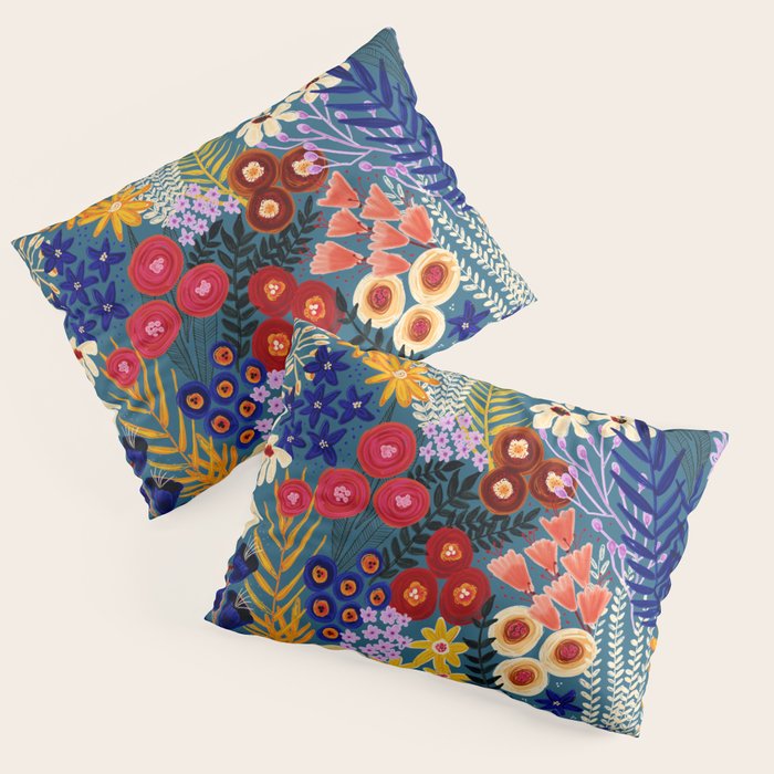 Flower Meadow Pink Yellow Orange Teal Blue Pattern Pillow Sham Gallery Image 3